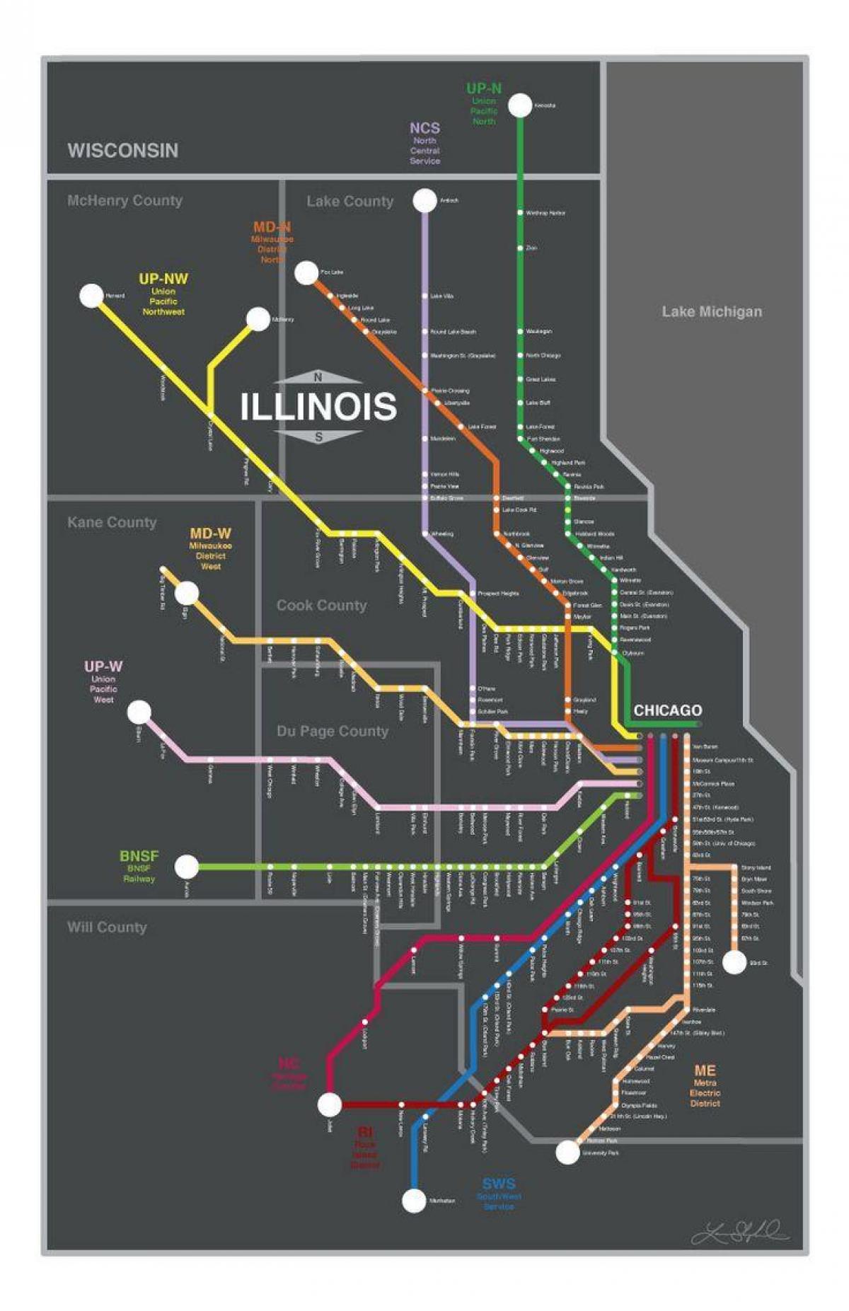 метър влак на картата Чикаго